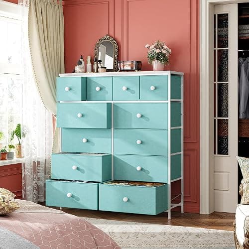 Romorgniz Dresser for Bedroom Tall Dresser with 12 Drawers Fabric Dressers & Chests of Drawers, Bedroom Dresser with Metal Frame, Wood Top, Entryway Living Room, Turquoise 11.81"D x 38.97"W x 40.15"H thumbnail 2