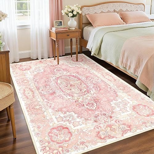 Castage Boho Washable Area Rug 3x5, Vintage Floral Low Pile Non Slip Rug for Bedroom Living Room Entryway, Soft Farmhouse Decorative Carpet,Blush Pink thumbnail 2