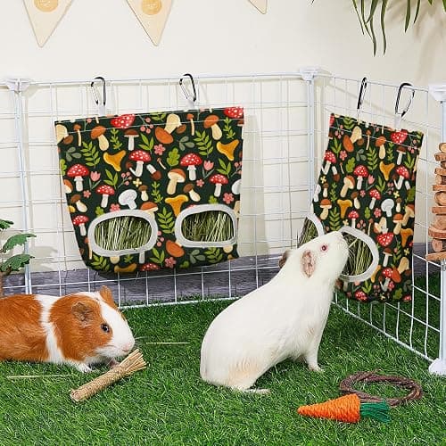 Glittme 2 Pack Guinea Pig Hay Feeder, 11.5x9 Inch Hay Bag for Rabbits, Hanging Hay Holder for Guinea Pigs Cage Hay Feeder for Bunny, Small Pets,Green Mushroom thumbnail 2