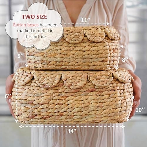 LUSYDECO Round Wicker Storage Baskets with Lid, Rattan Basket Decorative Boxes, Woven Storage Box Hyacinth Basket with Lids, Scalloped Edge Wicker Basket with Lid, Set of 2 thumbnail 4
