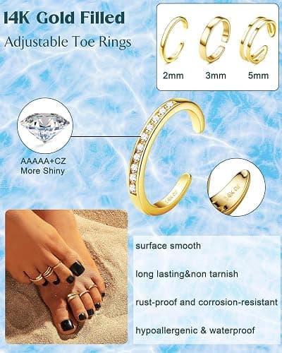 Besteel Toe Rings for Women 14K Gold Filled Simple Hug CZ Triple Open Band Rings Trendy Silver Plated Adjustable Toe Rings Summer Beach Foot Jewelry for Women thumbnail 5