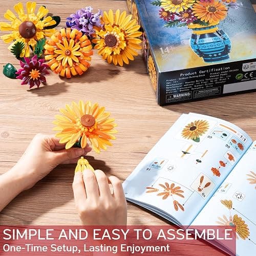 Flower Bouquet Building Blocks Set with Vase, Valentines Day Gifts for Her Wife Him, 1065PCS Sunflower Botanical Collection Artificial Flower Birthday Gifts for Women Men Teen Girls Mom Teacher Adults thumbnail 9