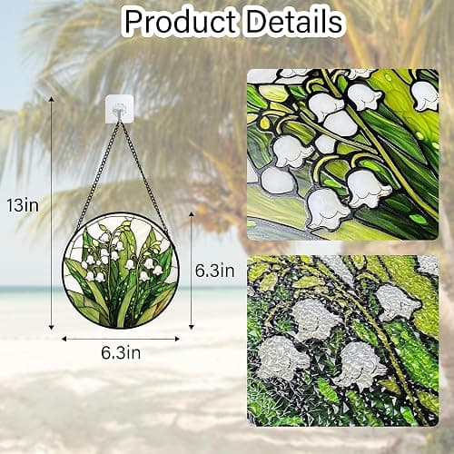 DASTOLL Stained Glass Window Hanging, Lily of The Valley Flower Sun Catchers Colorful Glass Panel Green Plants Suncatcher Decor for Birthday for Women,Men,Wife, Lovers, and Mom 6.3 in - Green - 6.3x6.3 IN thumbnail 3