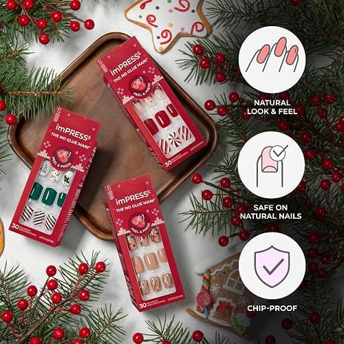 KISS imPRESS Holiday Press On Nails, ‘The Gift’, Green, Medium Coffin, Improved Super Hold Adhesive, 30 Fake Nails, Prep Pad, Mini Nail File, & Manicure Stick thumbnail 4