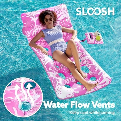 SLOOSH Adjustable Backrest Pool Floats - Tropical Leaves Pool Lounger Floaties Adults with Cup Holders, Inflatable Tanning Float Rafts Chair Beach Lake Lounge Floating Above Water Keep Cool (Pink) thumbnail 3