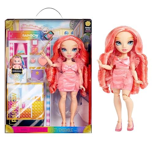 Rainbow High Pinkly - Pink Fashion Doll in Fashionable Outfit, with Glasses & 10+ Colorful Play Accessories. Gift for Kids 4-12 Years and Collectors