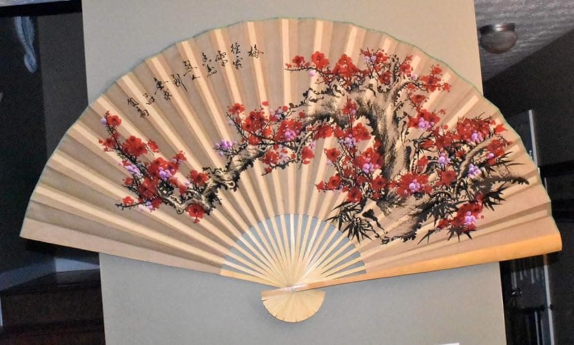 Large 60 X 35 Tannish Gold Color Fan with Red & Fuchsia Cherry Blossom Flowers on a Branch Hand Painted Oriental Hanging Wall Fan thumbnail 3
