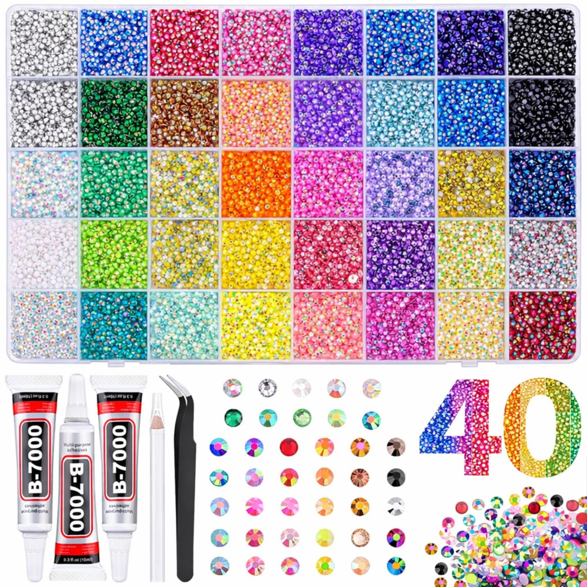 40 Colors Flatback Resin Jelly Rhinestones, 3mm 32000 Pieces with B7000 Glue for Bedazzling, Crafting, Clothing, Shoes, Nail Art, Diamond Art - Image 1