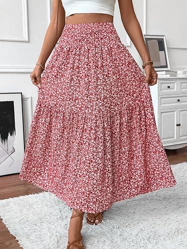 TuoGo Women's Smocked High Waist Maxi Skirt Casual Boho Long Skirts with Pockets thumbnail 3