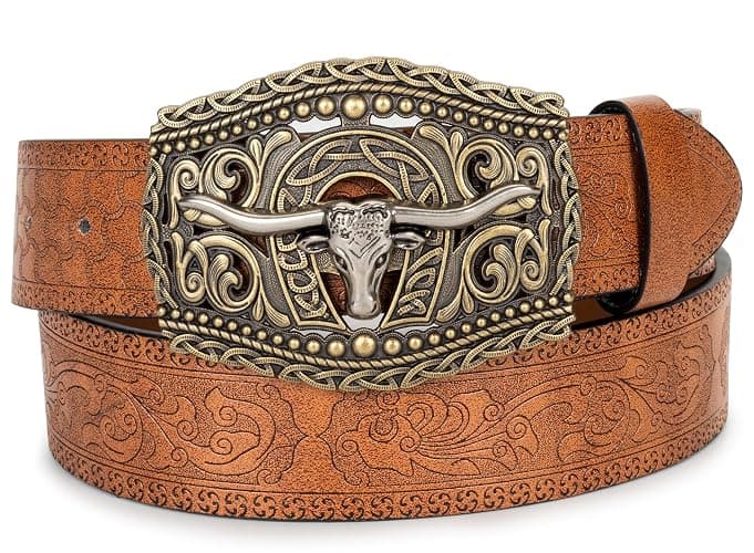 HinyBoeh Western-PU-Leather-Belts for Men and Women Cowboy-Cowgirl Longhorn-Bull-Pattern-Engraved-Buckle-Belt for Unisex thumbnail 7