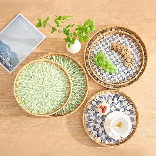 Round Rattan Tray with Mother of Pearl Inlay, Rattan Serving Tray with Wooden Base, Decorative Wicker Basket for Table Decor, Storage and Display of Coffee Bread Food Fruit (Leaf 13.5") thumbnail 7