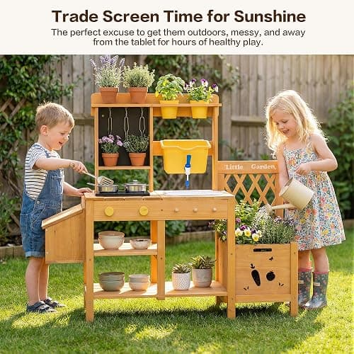 Wooden Mud Kitchen for Kids, Outdoor Play Kitchen with Real Running Water Sink, Mud Table, Gravity Water Tank, Planting Box, Critter Observation Box, 12-Pc Accessory Kit, Toddler Gift, Age 3+ thumbnail 3