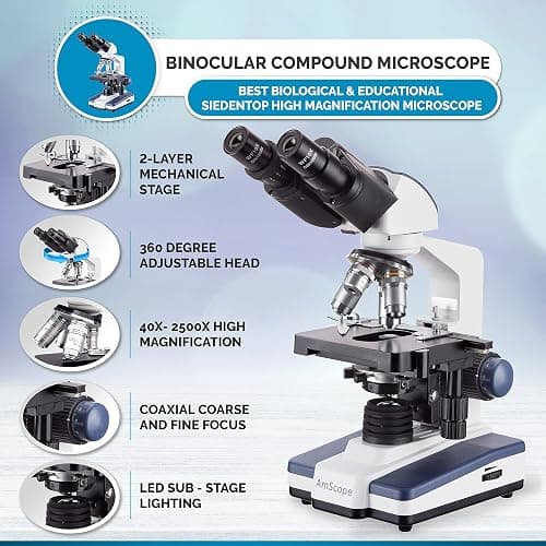 AmScope B120C Series Student & Professional LED Binocular Compound Microscope - 40X-2500X Magnification - Features Siedentopf Head & 3D Mechanical Stage thumbnail 2