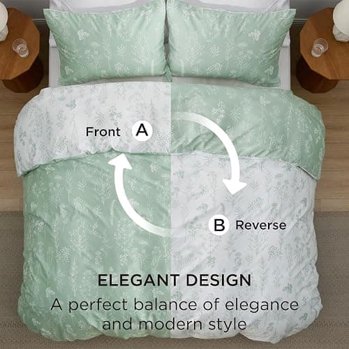 Bedsure Double Duvet Cover Set - Reversible Green Duvet Cover with Zipper Closure, 3 Pieces Floral Patterned Bedding Set with 8 Corner Ties and 2 Pillowcases, 200x200cm thumbnail 3