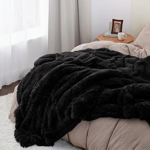 Bedsure GentleSoft Fuzzy Sherpa Faux Fur Twin Blanket Black Cozy Gifts for Women Men, Soft Fleece Plush Warm Minky Thick Blanket Twin Size for Bed, Couch, Dorm Essentials Black Decor Gifts, 60x80 thumbnail 2