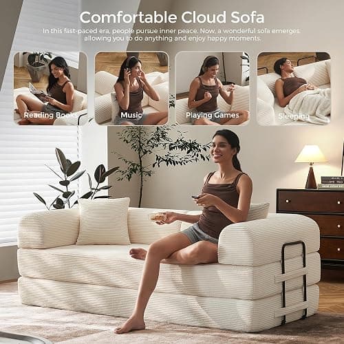 79" Convertible Sofa Bed with Fixed-Shape Frame & Removable Armrests, Modular Corduroy Sleeper Sofa, Folding Mattress Couch for Small Spaces - No Assembly Needed in White (Includes 2 Pillows) - White thumbnail 8