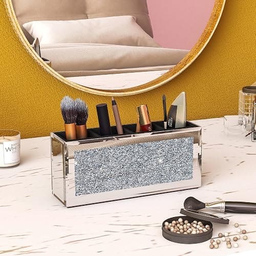 SHYFOY 4-Compartment Makeup Brush Holder, Mirrored Makeup Organizer with Crushed Diamond Crystals, Vanity Cosmetics Organizer Solution, Pencil Holder Organizer for Desk thumbnail 3