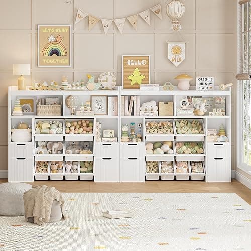 HORSTORS 55" W Toy Storage Organizer with Drawers, Large Kids Toy Storage Box with Removable Bins, Tall Kids Bookshelf and Bookcase for Boys and Girls, Modern Toy Chest for Playroom, Classroom, White thumbnail 4