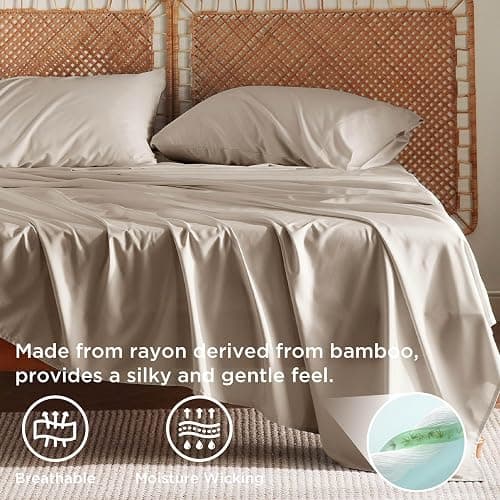 Bedsure King Size Sheets Set, Cooling Sheets for Hot Sleepers, Rayon Derived from Bamboo, Breathable & Soft, Deep Pocket Up to 16 Inches, Hotel Luxury Silky Bedding, Simply Taupe thumbnail 3