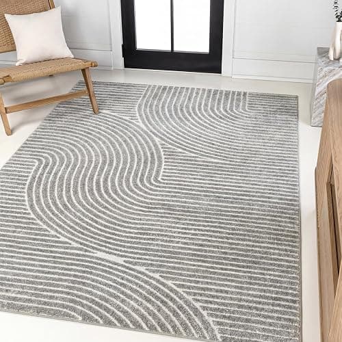 JONATHAN Y Hallie High-Low Curve Gray/Ivory Indoor/Outdoor Area Rug, 10x13, Minimalist, Pet Friendly, Non-Shedding, Stain Resistant, Hose-Washable for Backyard, Patio, Porch (SCN100A-13) - Image 1