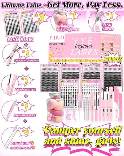 YIDUO Lash Clusters Kit 1400PCS Manga Wet Look Soft Thin Lashes 40D 50D 60D 80D 9-16mm Continuous Length D Curl Individual Lashes with Fairy Manga Bottom Lashes Full DIY Lash Tools Set for Beginner thumbnail 2