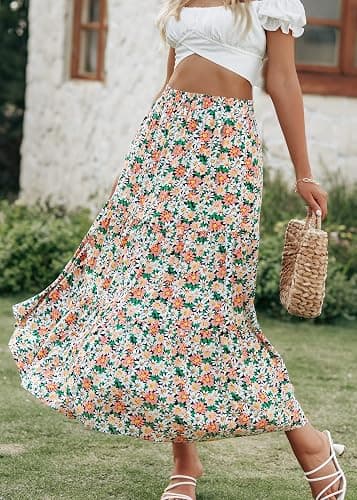 KIRUNDO Women's 2025 Fall High Waist Boho Floral Maxi Skirt Trendy Casual Flowy Swing Pleated A Line Beach Long Skirts thumbnail 2