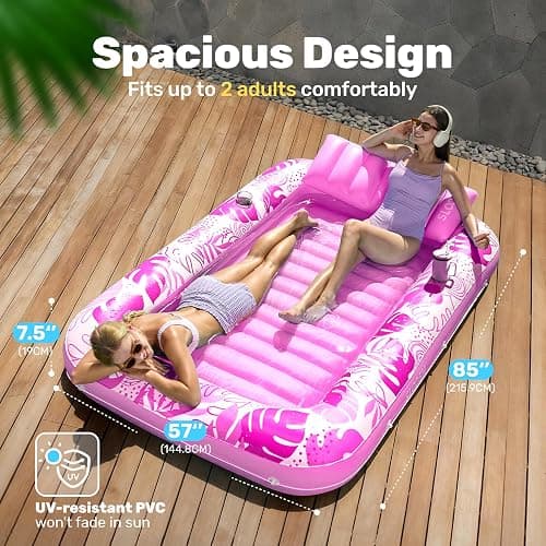 SLOOSH Inflatable Tanning Pool Lounger Float, 85" x 57" Extra Large Pool Floats Adult with Pillow, 4 in 1 Suntan Tub Raft Floatie,Sunbathing Bed Lounge Blow Up Ball Pit Party Gifts, XL-Hot Pink thumbnail 2