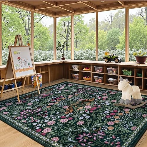 6x9 Area Rugs for Living Room: Floral Washable Rug Vintage Large Soft Boho Non-Slip Carpet Indoor Stain Resistant Thin Carpets for Bedroom Dining Room Farmhouse Nursery Hallway Home Office Dark Green thumbnail 5