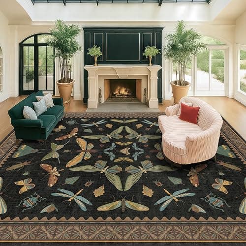 Hazo Haus Black Washable Insect Area Rugs 8x10 for Living Room, Bedroom, Dining Room Under Table, Playroom, Large Dark Whimscal Boho Indoor Rug, Ultra Soft Low Pile Non Slip thumbnail 8