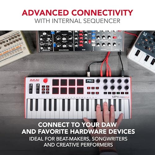 Akai Professional MPK Mini Plus - USB MIDI Keyboard Controller with 37 Mini Keys, 8 MPC Pads, Sequencer, MIDI/CV/Gate I/O and Native Instruments Sound Package, White Limited Edition thumbnail 3