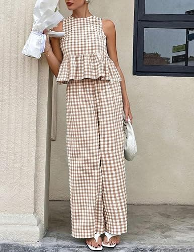 Tanming Women's 2 Piece Set Outfits Gingham Plaid Tank Tops Wide Leg Pants Matching Lounge Sets thumbnail 2
