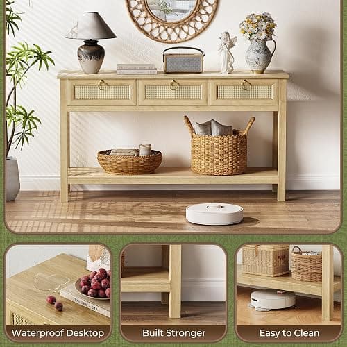 SUPERJARE Rattan Console Sofa Table with Outlets and USB-C Port, 3 Drawer Entryway Table with Synthetic Rattan Surface, Open Shelf, Behind Couch Entry Foyer Hallway Storage, Natural thumbnail 7