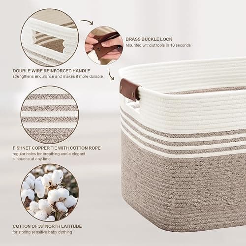 SunNewt 72L Large Laundry Basket with Leather Handles for Living Room Storage, Woven Rope Baskets Bin for Blanket, Gifts, Wicker Hamper for Bedroom Dirty Clothes, 22"x17"x12" White Brown thumbnail 5