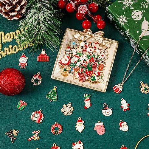 MARFOREVER 120 PCS Christmas Charms for Jewelry Making, Assorted Gold Enamel Snowman Elk Santa Xmas Tree Charm Pendants for DIY Bracelet Necklace Earrings Making Supplies Christmas Gifts thumbnail 3