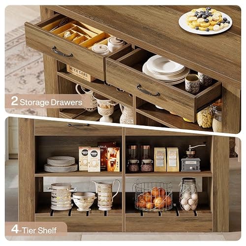 Tribesigns Kitchen Island with Storage and Seating, 55" Farmhouse Stationary Island Table, Wooden Kitchen Bar Table with 2 Drawers and Open Shelf, Brown thumbnail 6
