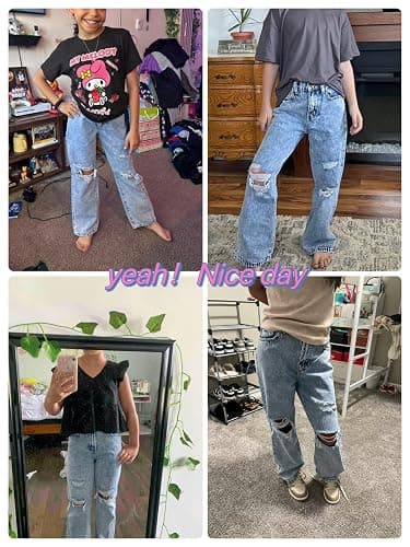 oyyniis Baggy Jeans for Girls Wide Leg Ripped High Elastic Waisted Denim Pants Cute Summer Trousers Y2K Streetwear 7-14Y thumbnail 6