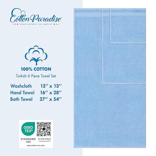 Cotton Paradise 6 Piece Towel Set 100% Cotton Soft Absorbent Turkish Towels for Bathroom, 2 Bath Towels 2 Hand Towels 2 Washcloths, Sky Blue Towel Set thumbnail 5