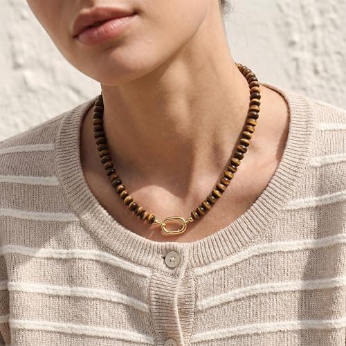 ROISE LADY Tiger Stone Natural Stone Beaded Necklaces for Women Boho Gemstone Bead Choker Summer Beach Vacation statement Trendy Charm Necklace thumbnail 5