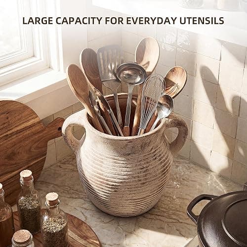 CWFutwell Rustic Utensil Holder for Kitchen Counter - Large Ceramic Farmhouse Cooking Utensil Crock & Organizer for Spatula, Spoon - Vintage Kitchen Decor (Taupe) thumbnail 4