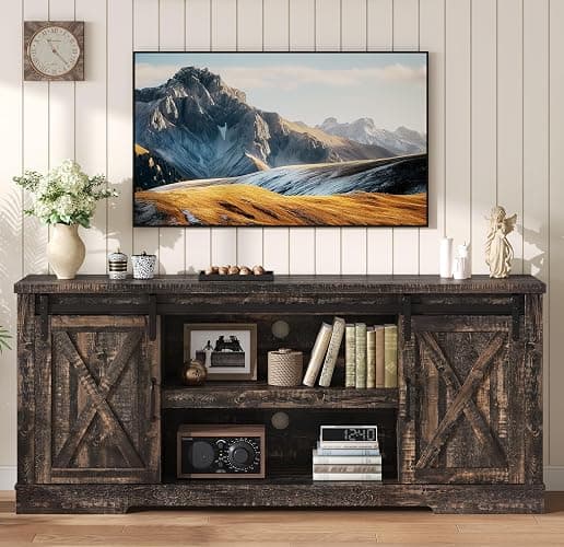 AMERLIFE 66" Farmhouse TV Stand for 75 Inches TVs, Entertainment Center with Sliding Barn Door and Adjustable Shelf & Feet, Console Table with Storage, Dark Rustic Oak thumbnail 3