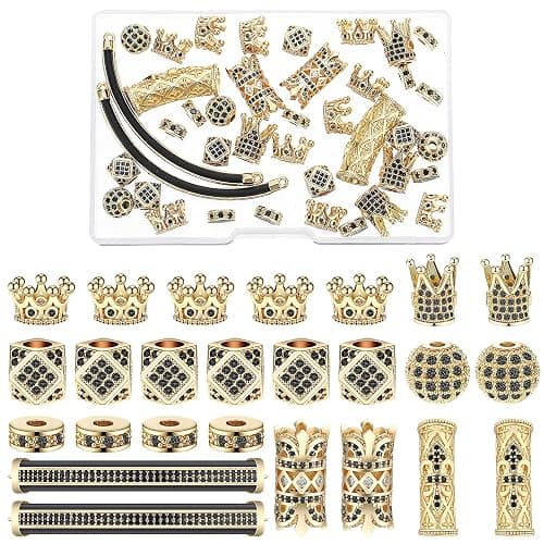 King Crown 40pc Round Zircon Rhinestone Beads Tube - Cubic Zirconia Diamond Cut Cube Spacer Beads for Jewelry Making Bracelet Connector DIY (Gold, Black Rhinestone) - Image 1