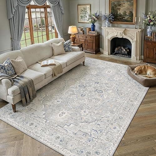 WondRg 8x10 Blue Washable Neutral Area Rug Living Room | Non Slip, Soft Low Pile, Vintage Distressed, for Bedroom Dining Room Office Nursery Indoor Home Decor thumbnail 2