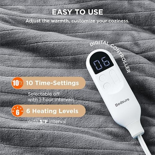 Bedsure Electric Blanket Full Size - Soft Flannel Heated Blanket Full, GentleSoft Fast Heating with 10 Time Settings & 6 Heat Settings, Warm Gift for Grandma (72x84 inches, Grey) thumbnail 6