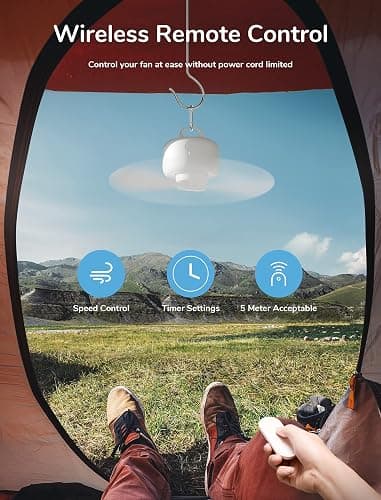 JISULIFE Camping Fan 8000mAh Battery Operated, Portable Tent Rechargeable with Remote Control, Detachable Fan-Blades, Hanging Hook, Timer, 4 Speeds for Outdoor Dorm-White thumbnail 4