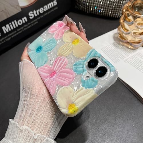 Jmltech for iPhone 16 Plus Case Girly Aesthetic Women Cute Floral Women Shockproof Flowers Oil Painting Flexible Silicone Phone Case for iPhone 16 Plus Mint Pink thumbnail 7