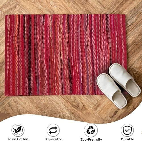 Ramanta Home 100% Cotton Hand Woven Chindi Rag Rug 2'x3' - Red, Recycled Reversible Rug, Boho Rustic Farmhouse Rugs for Living Room, Kitchen, Dinning Room Entryway Floor Mat - 24"x36" thumbnail 8