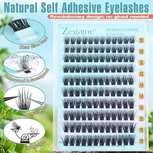 Wispy Self Adhesive Eyelashes Natural Self Adhesive Lash Clusters With Spikes D-Curly Pre Glued Lashes Reusable Glueless Lashes Salon-Level Cluster Eyelash Extensions 10-18MM by Zegaine thumbnail 2