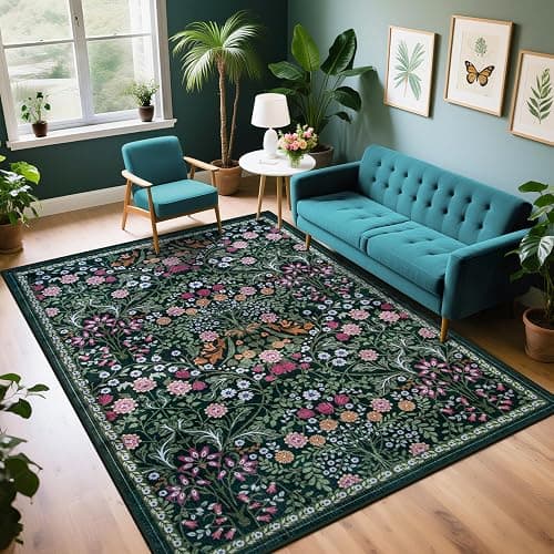 6x9 Area Rugs for Living Room: Floral Washable Rug Vintage Large Soft Boho Non-Slip Carpet Indoor Stain Resistant Thin Carpets for Bedroom Dining Room Farmhouse Nursery Hallway Home Office Dark Green - Image 1