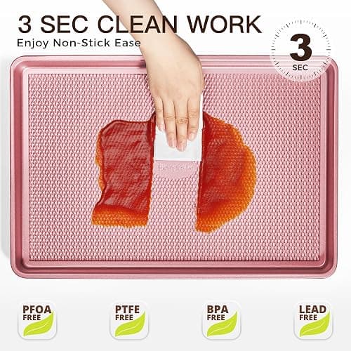 HONGBAKE Baking Sheet Pan Set, Cookie Sheets for Oven, Nonstick Half/Quarter/Jelly Roll Pans with Diamond Texture Pattern, Heavy Duty Cookie Tray, Pink thumbnail 5