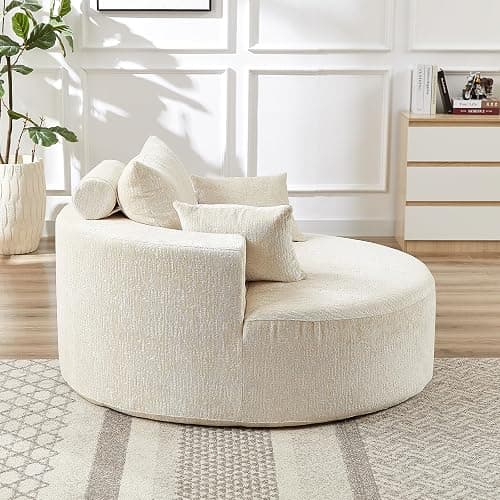 Oversized Round Chaise Longue Chair Indoor, Modern 55-inch Upholstered Chenille Deep Seat Circle Single Cloud Lounge Floor Sofa Chair for Living Room, Bedroom Apartment, Beige thumbnail 8